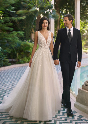 Deep V Neck Beaded Ivory Lace Tulle Sparkly Wedding Dress
